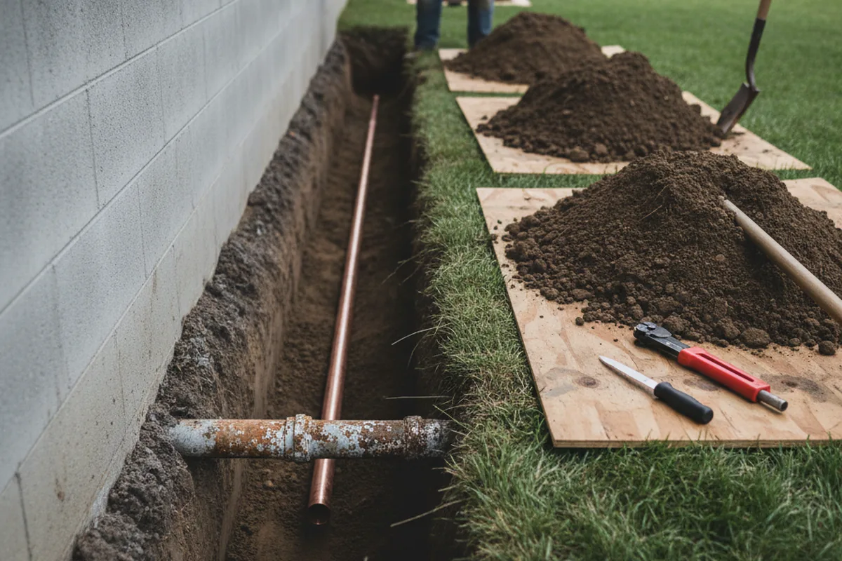Excavated water line trench during Sewer Line Repair in Danville